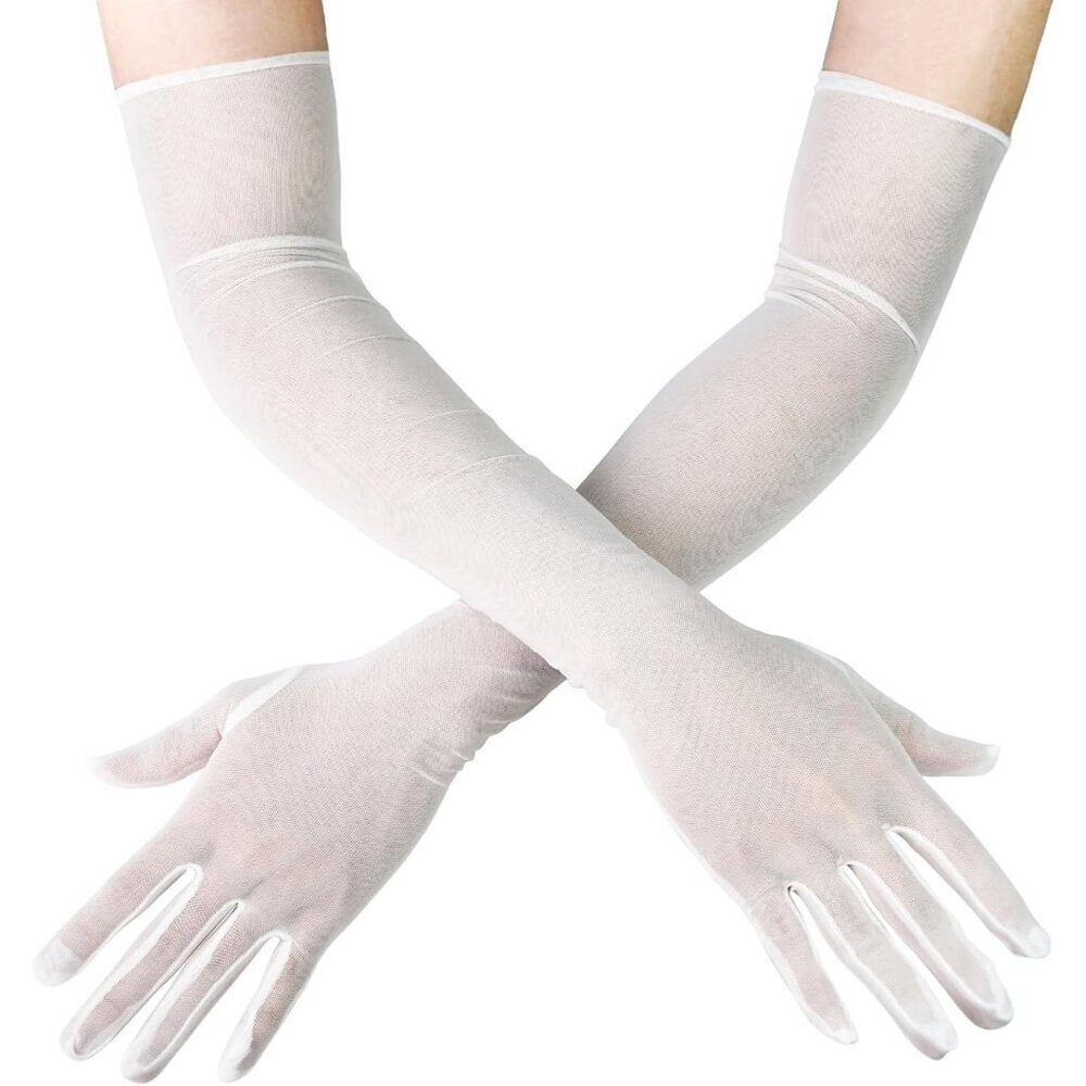 Women's Tulle White Long Sheer Silk Gloves Elbow Length Sun Protection Party